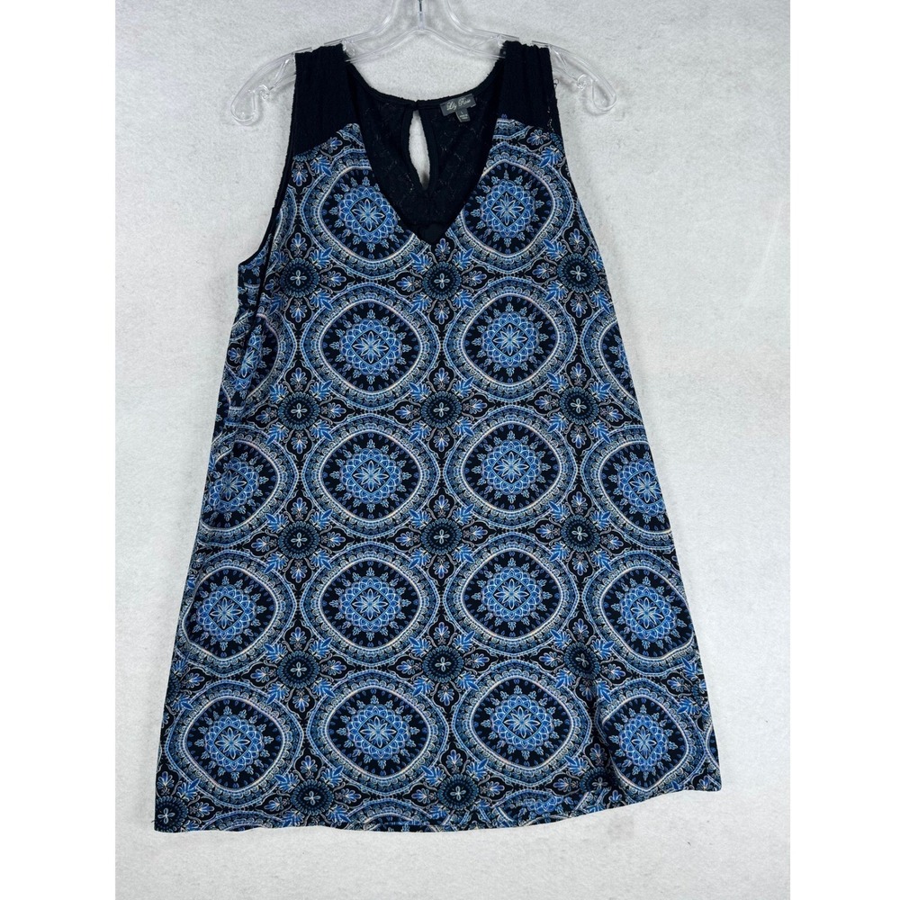Lily Rose Blue Medallion Paisley Lace Yoke Sleeveless Shift Mini Dress Large